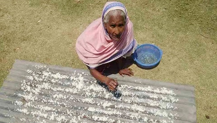 ত্রাণ না পেয়ে নষ্ট ভাত শুকিয়ে চাল বানাচ্ছেন বৃদ্ধা