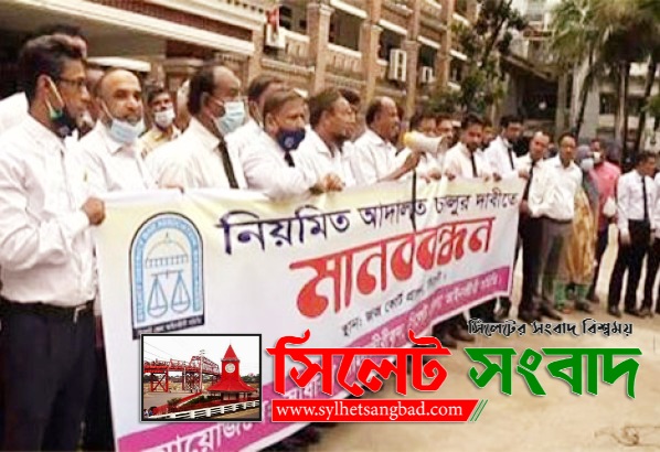 নিয়মিত আদালত চালুর দাবিতে সিলেটে আইনজীবীদের মানববন্ধন