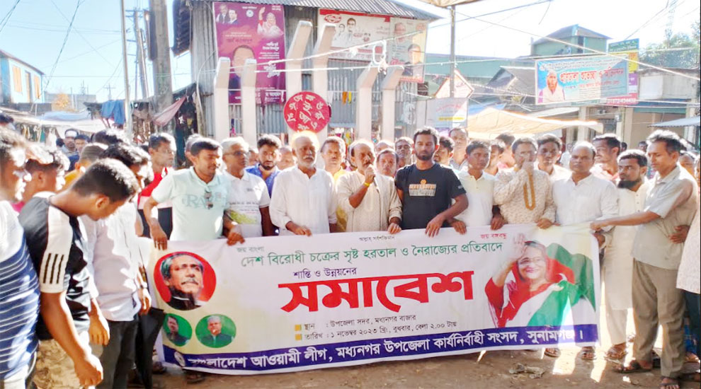 হরতালের প্রতিবাদে শান্তি সমাবেশ করেছে মধ্যনগর উপজেলা আ,লীগ