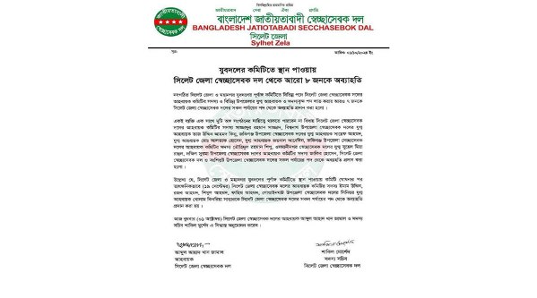 সিলেট জেলা স্বেচ্ছাসেবক দল থেকে আরও ৮ জনকে অব্যাহতি