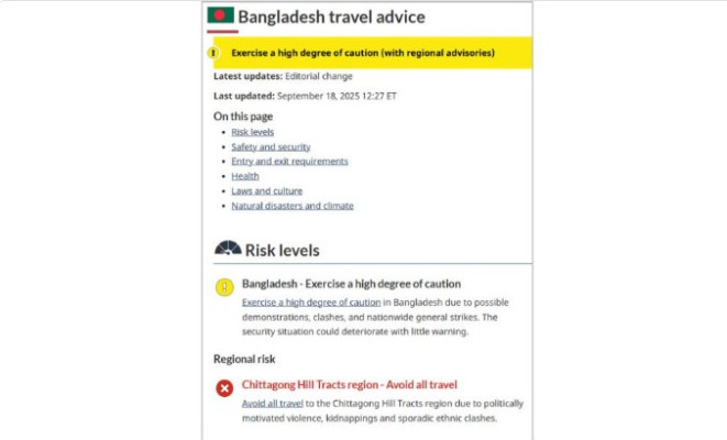 বাংলাদেশ ভ্রমণে সতর্কতা জারি করল কানাডা