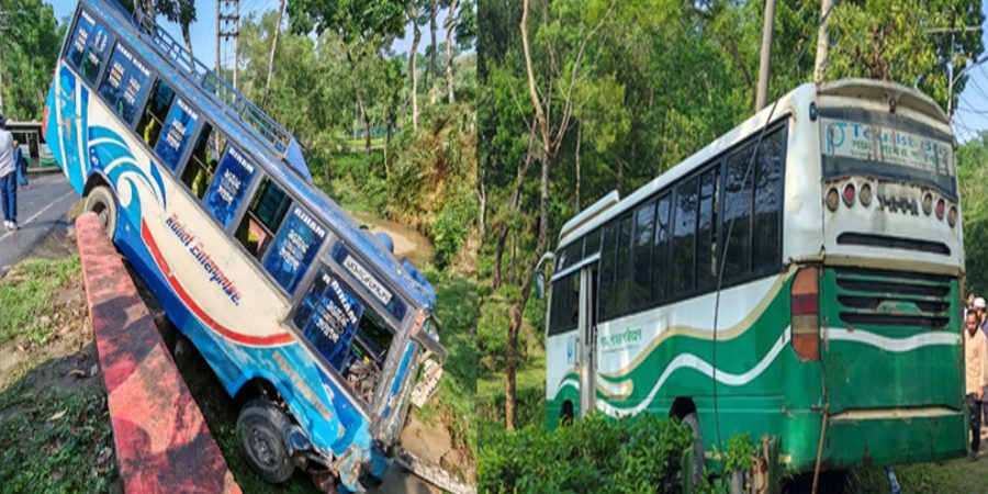 সিলেটে মুখোমুখী সংঘর্ষ এড়াতে খাদে পড়লো দুই বাস, আহত ১০