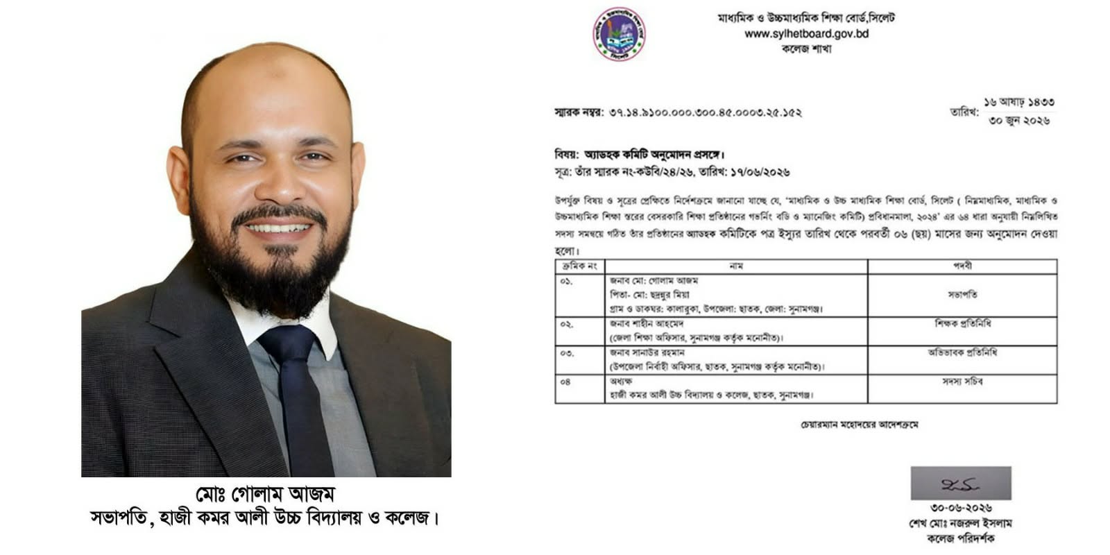 হাজী কমর আলী উচ্চ বিদ্যালয় ও কলেজের সভাপতি মনোনিত হয়েছেন গোলাম আজম