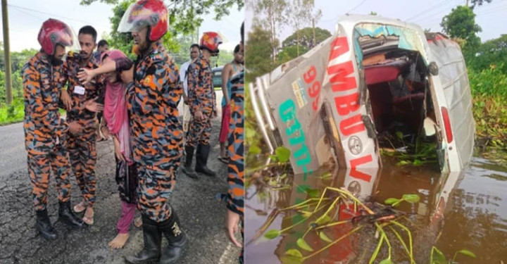 সুনামগঞ্জে লাশবাহী অ্যাম্বুলেন্স খাদে, নারী-শিশুসহ আহত ১৩